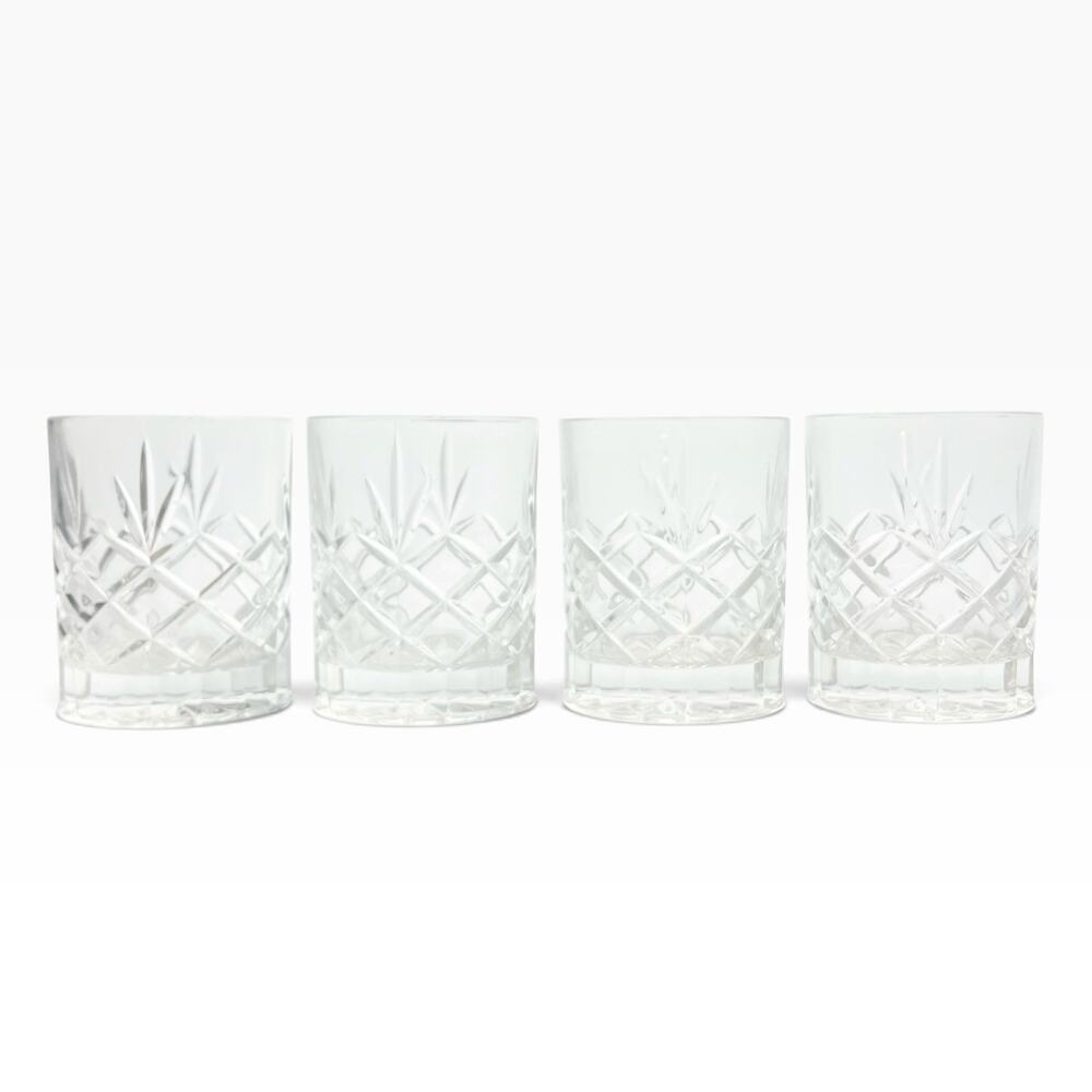 Vintage 4 Crystal Cocktail Old Fashioned Tumbler Glasses 4” 10oz Fan & X Cuts